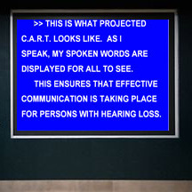 A snapshot of a CART real-time captioning being broadcasted on an open screen.